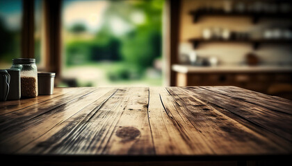 Empty old wooden table with kitchen in background - obrazy, fototapety, plakaty