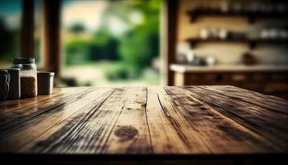 Fotobehang Empty old wooden table with kitchen in background © Piotr Krzeslak