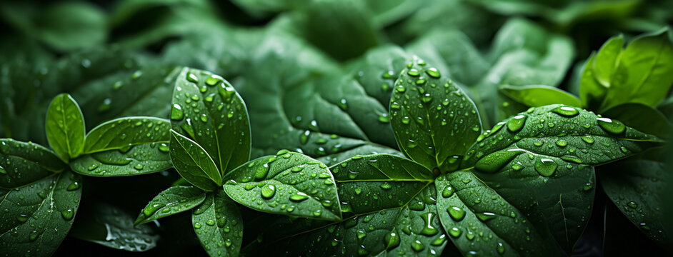 A beautiful macro closeup image of green natural plant leaves in a rain water dews on it