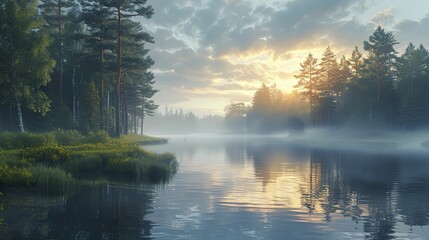 Beautiful morning landscape with a forest and a river 