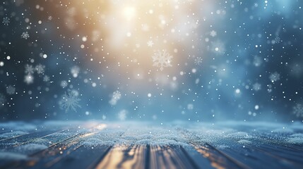 Beautiful winter snowy blurred defocused blue background and empty wooden flooring. Flakes of snow fall and sparkle on light