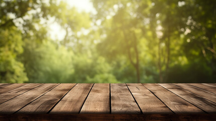 Empty wooden table with forest background