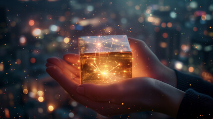 Magical glowing gift box in hands, concept of giving, surprise and wonder in a festive atmosphere - obrazy, fototapety, plakaty
