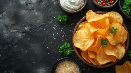 Potato chips with sour cream and parsley on a black background