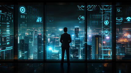 Fototapeta na wymiar Contemplative person silhouette against a futuristic cityscape at night, urban dreamscape concept