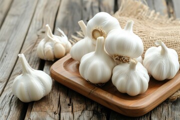 Garlic in a wooden bowl on a wooden table. Traditional medicine against viruses, flu, colds.