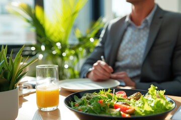 Businessman at working place with vegetable salad in bowl and fork in hand, diet and eating right...