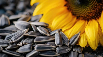 Tuinposter Organic sunflower seeds and flowers on wooden table © kardaska