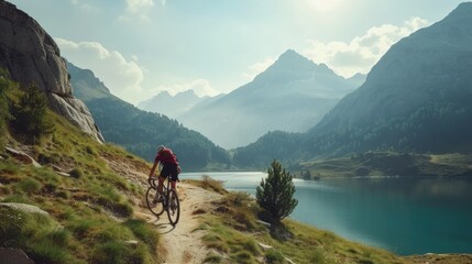 Fototapeta na wymiar Cycling race going up hill beautiful surrounding mountains lake