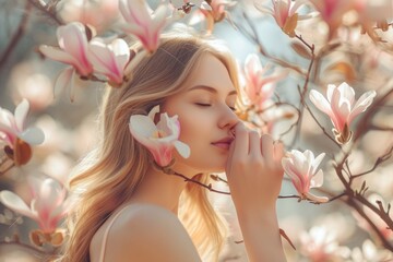 Beauty young woman touching and smelling spring magnolia flowers.