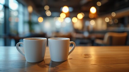 Obraz premium Background from cups of coffee on table in the blur office in the background