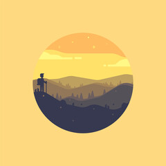 Round landscape icon of a traveler in the mountains. Flat modern landscape illustration of nature.