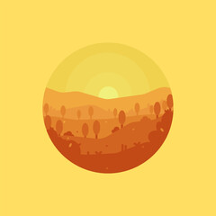 A circular landscape icon of a view from a hill at sunrise. Flat modern landscape illustration of nature.