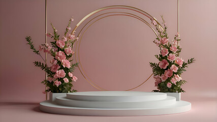 Fototapeta na wymiar Beautiful podium with pink flowers ornaments with space for your product or inscriptions