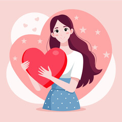 Happy Valentine's Day Illustration Featuring a Joyful Girl and Child with Hearts, Love, and Romance in a Beautiful Cartoon Design