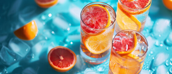 Citrus Spritz Drinks with Ice on Blue Background
