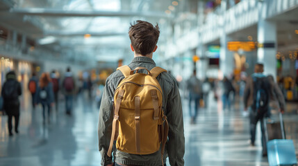 Back View of a man Traveler with Backpack Walking in the Airport Terminal 