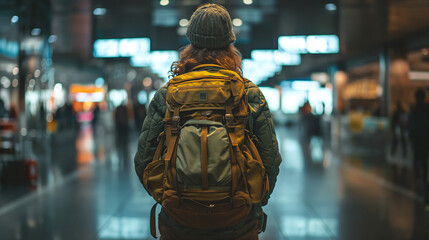 Back View of a Woman Traveler with Backpack Walking in the Airport Terminal 