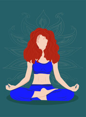 Faceless girl with bright red lush curly hair does yoga, sits in the lotus position in a sports top and pants