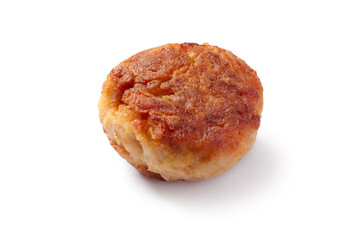 Meat cutlet on white background. Close-up of homemade meatball. Isolated with shadow.