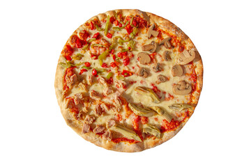 pizza, food, cheese, isolated, italian, meal, white, tomato, mozzarella, crust, snack, pepperoni, dinner, baked, pepper, ham, tasty, slice, salami, delicious, fast, dough, circle, lunch, meat