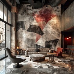 Living room with artistic marble walls featuring geometric shapes art and vivid textures, great for architecture, inspiration, decoration, art, residential comfort. Generative Ai