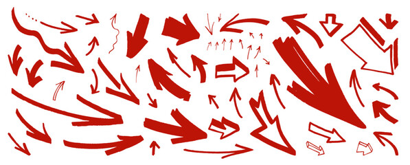 Red color arrow vector set. Sketch line hand-drawn arrow icons. vector ink pen direction signs. Rough sketchy hand drawn arrows for social media. Isolated doodle info graphic elements - 731500497