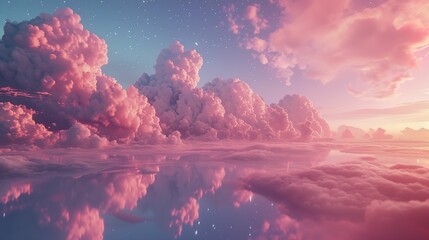 Pink magenta fantastic 3d clouds on the floor, sky and landscape. Gentle colors and with bright lights.  - obrazy, fototapety, plakaty