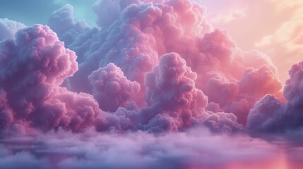 Pink magenta fantastic 3d clouds on the floor, sky and landscape. Gentle colors and with bright lights. - obrazy, fototapety, plakaty