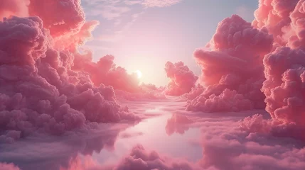 Raamstickers Pink magenta fantastic 3d clouds on the floor, sky and landscape. Gentle colors and with bright lights. © Thanthara
