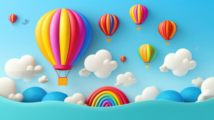 hot air balloon, cloud and rainbow  blue sky background
