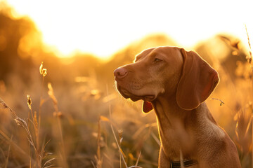 dog standing in a field of tall grass during golden hour, with warm sunlight
