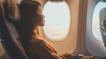 Fototapeta na wymiar woman sitting in a seat in airplane and looking out the window going on a trip vacation travel concept