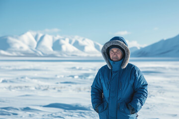 Fototapeta na wymiar Inuit child standing in snowy landscape of Alaska