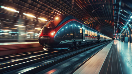 Fototapeta na wymiar fast modern express passenger train high speed railway hyperloop moving flash light Futuristic technology hi tech future digital transport hyperloop concept