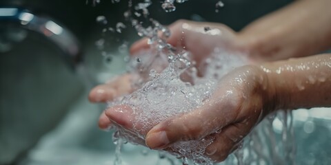Closeup, wash hands and water for cleaning, hygiene and health for safety, immune system or germs. Person, splash and drop of liquid for wellness, zoom and stop bacteria in home for body in Tokyo