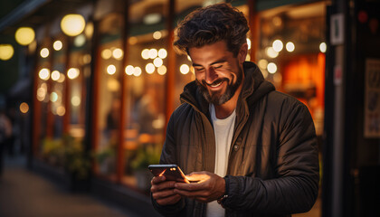 a happy male using a smartphone on the street - obrazy, fototapety, plakaty