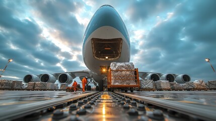 Precise preparations for air travel Cargo loading onto a commercial airliner against a sky-blue backdrop.  - obrazy, fototapety, plakaty