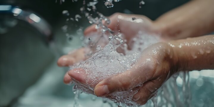 Closeup, Wash Hands And Water For Cleaning, Hygiene And Health For Safety, Immune System Or Germs. Person, Splash And Drop Of Liquid For Wellness, Zoom And Stop Bacteria In Home For Body In Tokyo