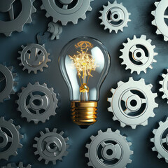 Fototapeta na wymiar Lightbulb and Gears Depicting Innovation Amid Success Risks and Challenges