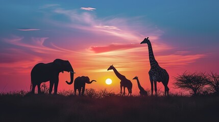 Silhouette of elephants and giraffes with sunset. Element of design. - obrazy, fototapety, plakaty