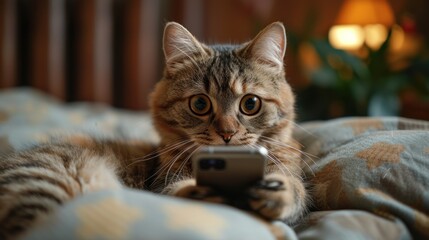 Tabby Cat Holding a Phone with Engrossed Expression