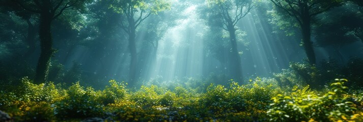 Sunbeams Filtering Through a Misty Forest