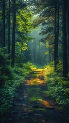 Enchanted Forest Pathway with Sunlight Filtering Through