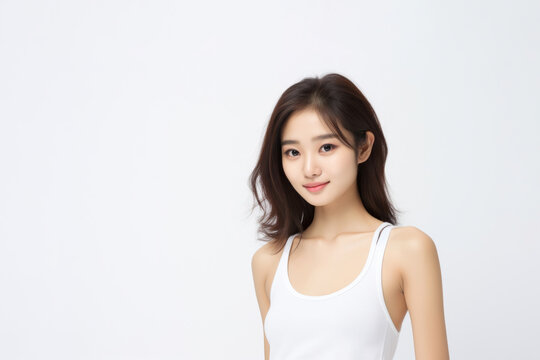 Adorable young girl clad in snug vest undergarments, showcasing her style against a pristine white background. Generative AI.