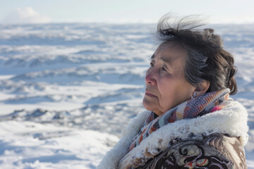 Inuit woman standing in snowy landscape of Alaska