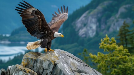 An adult bald eagle Haliaeetus leucocephalus taking flight from a rock