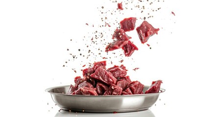 Beef milled meat flying from a pan, isolated on white background