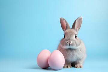 Fototapeta premium Easter bunny rabbit with sweet color egg on pastel background, with copyspace, Easter holiday concept