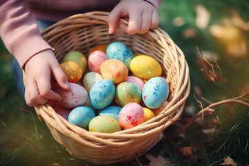 Fototapeta na wymiar Close up of soft pastel colors painted Easter eggs in a basket holding by kid
